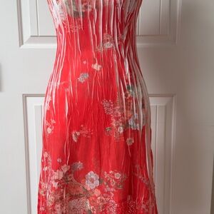 Komarov Crinkle Chiffon Dress Sleeveless Crochet Hem, Red Floral Size XS Garden